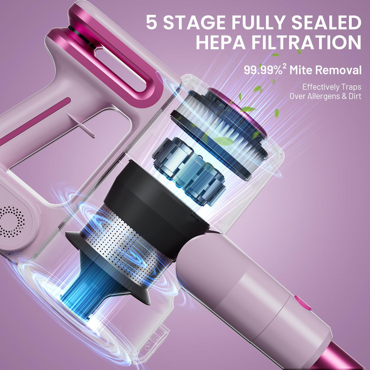 viyawise Cordless Vacuum Cleaner - Pink Vacuum for Home with 80000 RPM High, 8-in-1 Lightweight Stick Vacuum, Rechargeable Battery, Up to 40 Mins Runtime, for Carpet and Hard Floor Pet Hair (Pink)