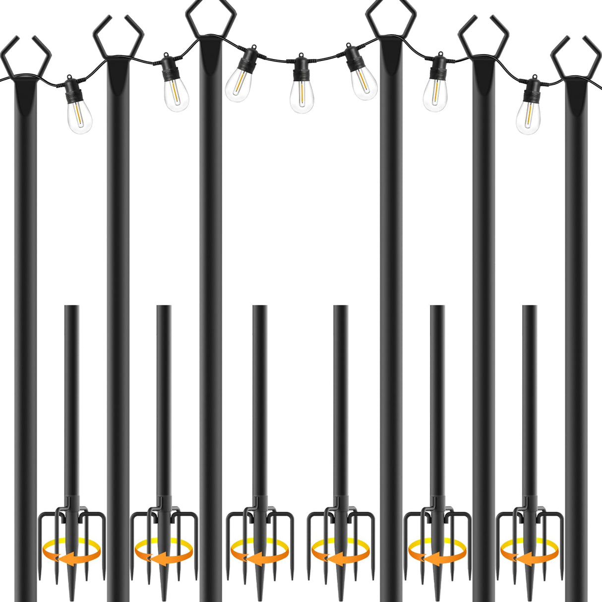 NSHWFW 6 Pack 10 ft Heavy Duty Metal String Light Poles Adjustable Outdoor Lighting Stand for Patio,Backyard,Garden,Party & Wedding Rustproof & Sturdy with Hooks