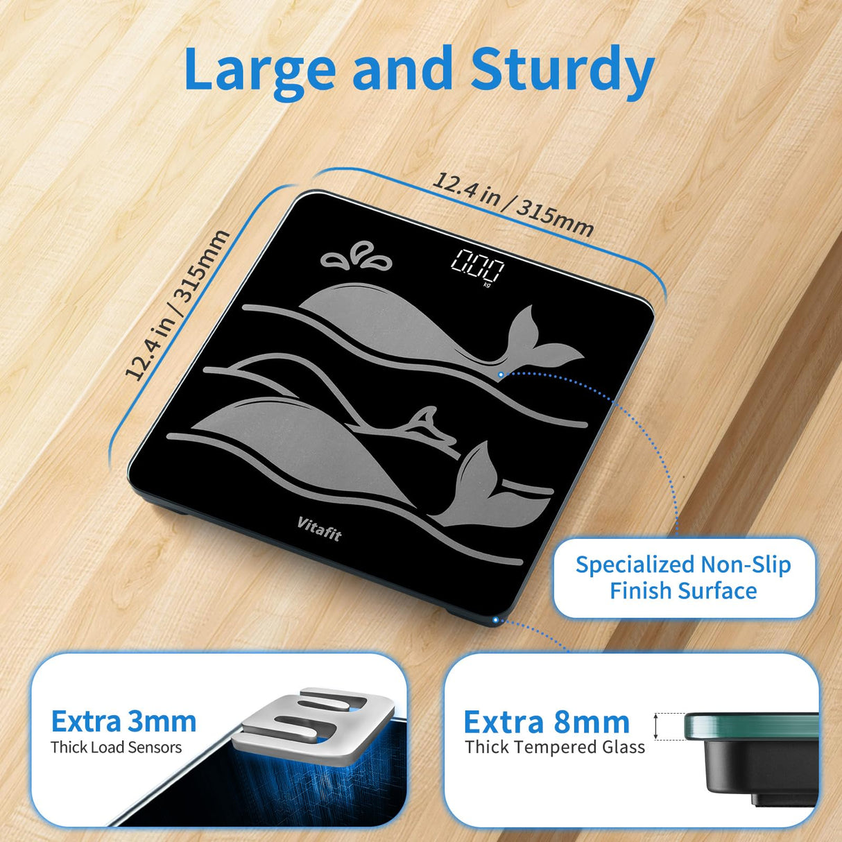 Vitafit Amazing 600lb Smart Bathroom Scale for Body Weight in 0.1lb, High Accuracy Assured by Scale Professional Factory Since 2001, Large Platform with 8mm Non-Slip Tempered Glass, LED, 3*AAA, Black