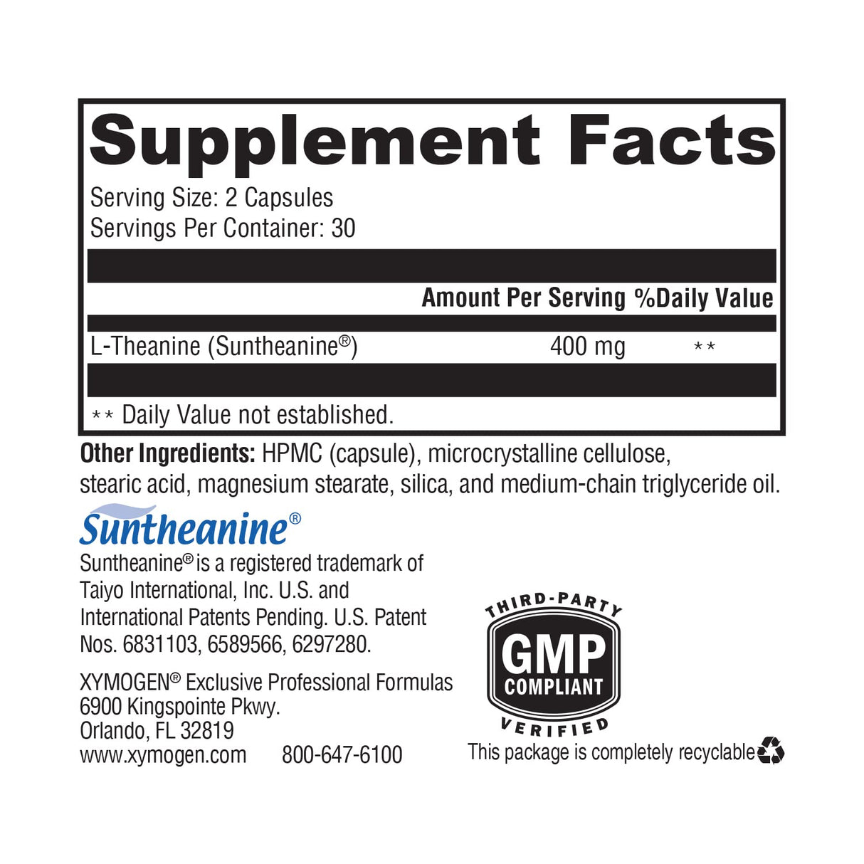 XYMOGEN L-Theanine - Patented Suntheanine L theanine 400mg Per Serving - Amino Acid Supplement to Support Calm + Relaxation Without Drowsiness, Liver Health (60 Capsules)