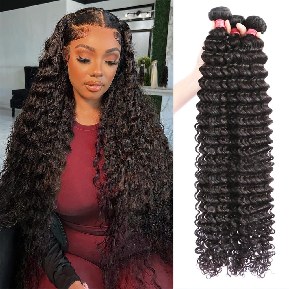 12A Deep Wave Human Hair Bundles 22 24 26 Inch Brazilian Deep Wave Curly Bundles Human Hair 100% Unprocessed Virgin Remy Wet and Wavy Hair Weave Natural Black