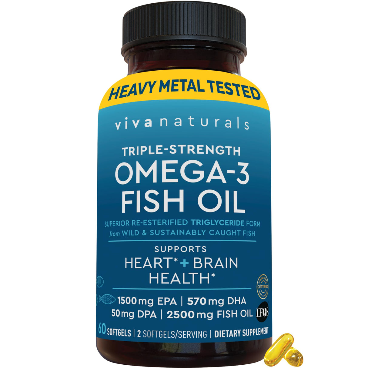 Viva Naturals Triple Strength Omega 3 Fish Oil Supplement - 2500 mg Fish Oil with Re-Esterified Omega 3 Fatty Acids Including EPA, DHA DPA - 60 Pescatarian-Friendly Softgels