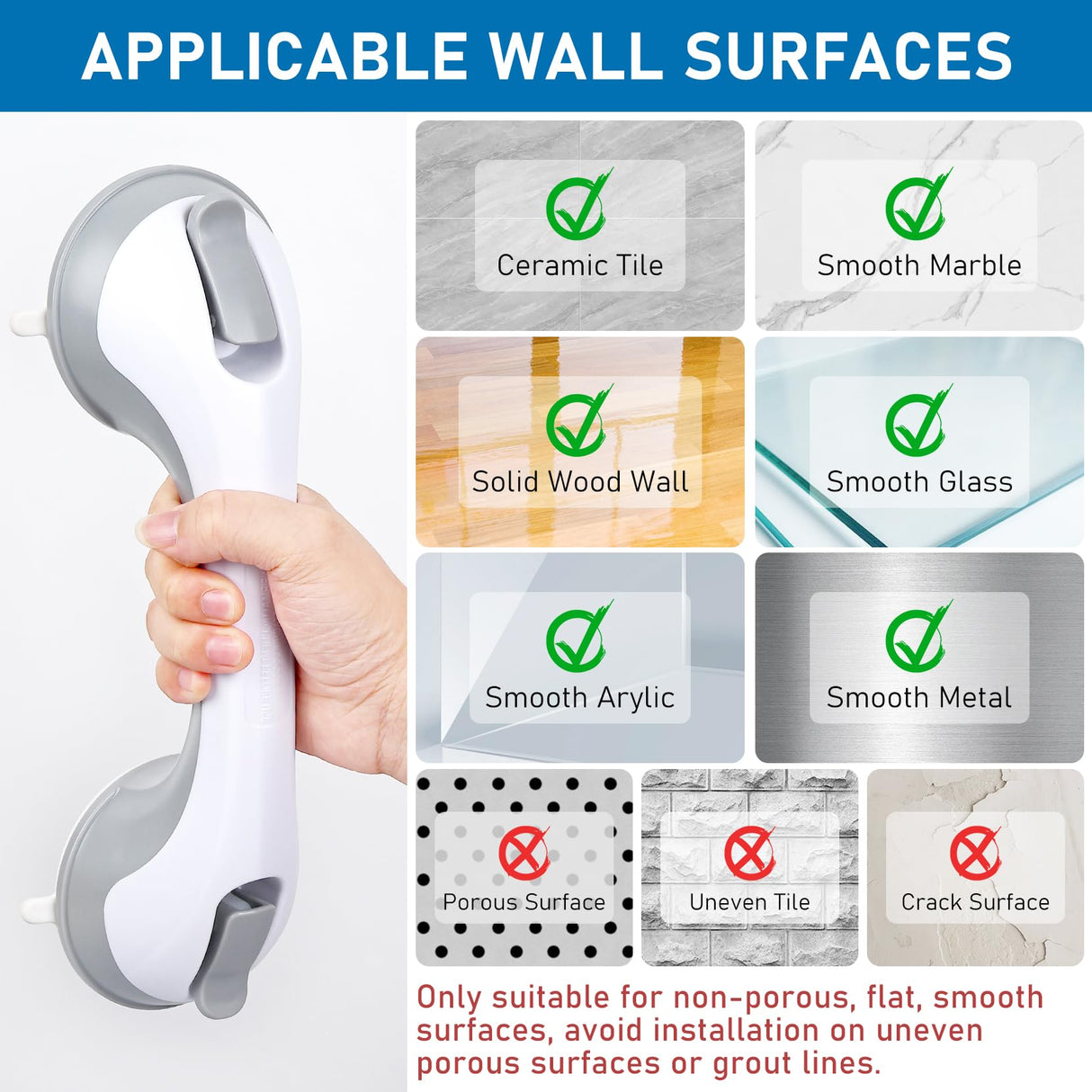 Dotday 12 Inch Suction Grab Bars for Bathtubs and Showers, 2 Pack Shower Handles for Elderly, Shower Grab Bars for Seniors, Handicap Shower Bars Shower Safety Bars for Bathroom Bathtubs Toilet - Grey