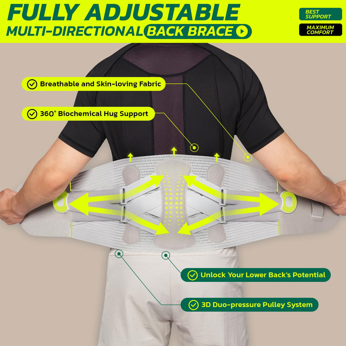 aoFIT Back Brace for Lower Back Pain Relief with 360-Degree Biochemical Hug Support, Back Support Belt for Men and Women, Soft Breathable Fabric Lumbar Support for Herniated Disc, Sciatica L