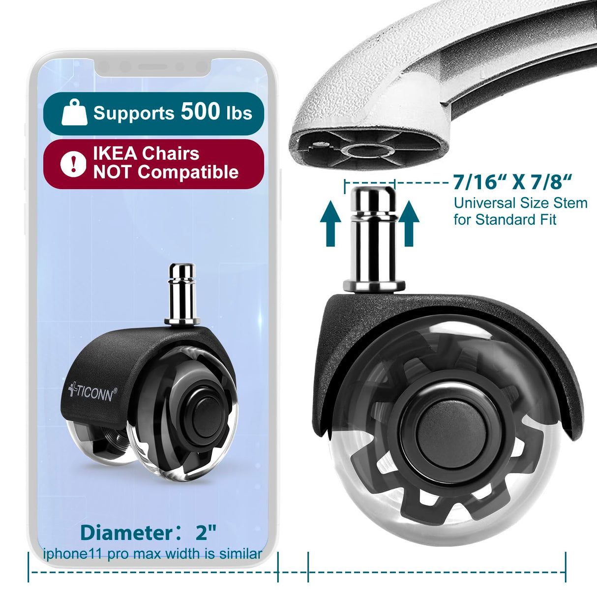 TICONN Office Chair Caster Wheels 2" Dual Wheels Set of 5 for Tile and Hardwood Floors, Universal Fit for Most Chairs (Transparent)