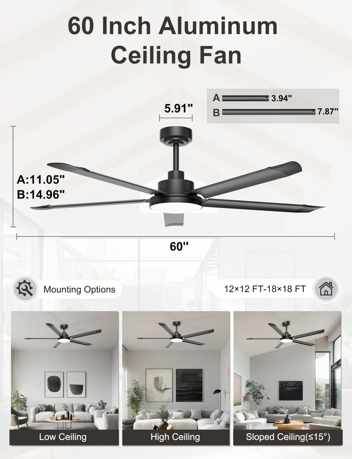 Ohniyou 60'' Ceiling Fan with Lights, Industrial Ceiling Fan with 5 Aluminum Blades, App/Remote Controlled, Dimmable, for Outdoor Patio, Garage, Black