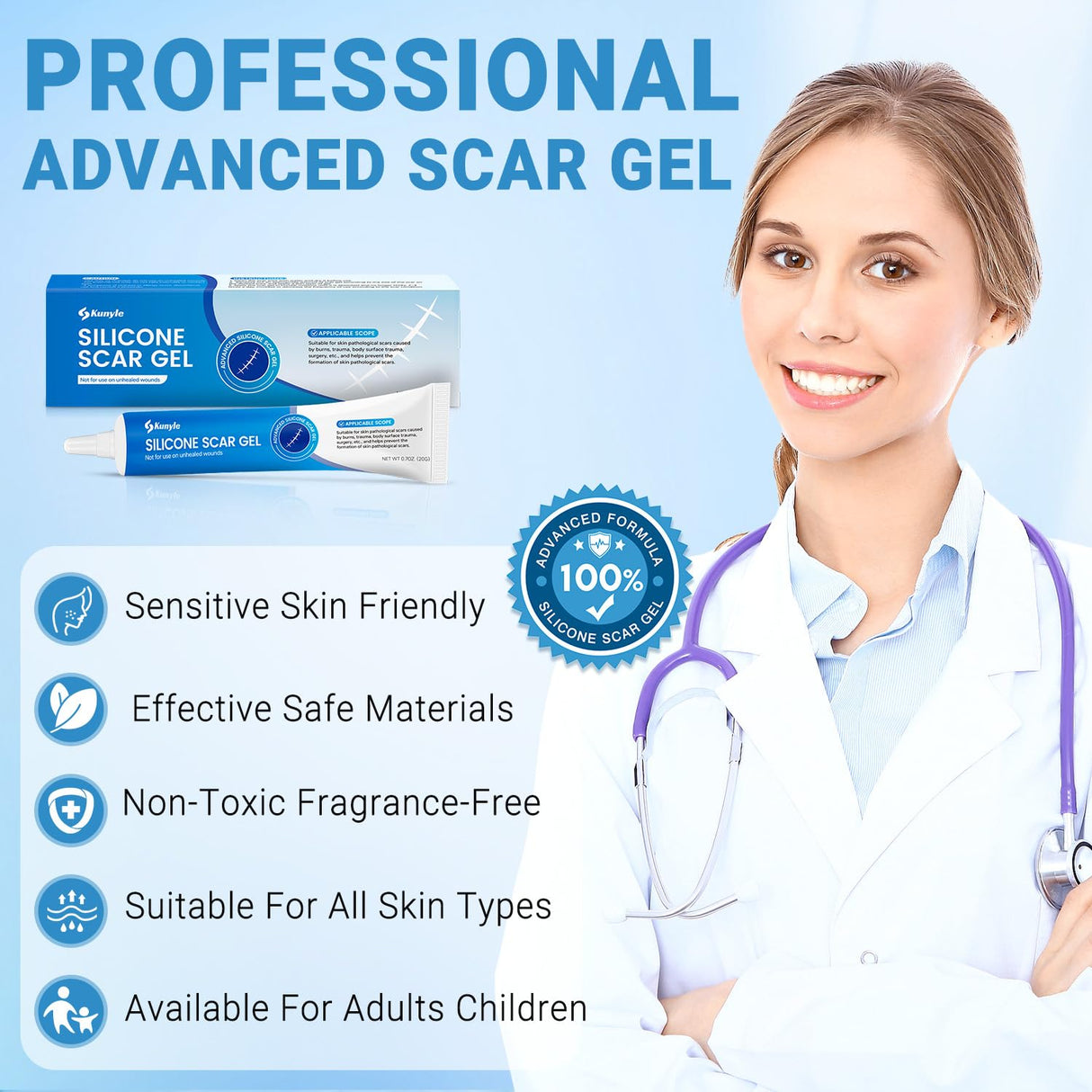 Kunyle Silicone Scar Gel, Scar Cream, Advanced Scar Gel for Surgical Scars, Stretch Marks, Keloid Bump Removal, Old and New Scars 0.70oz (20g)