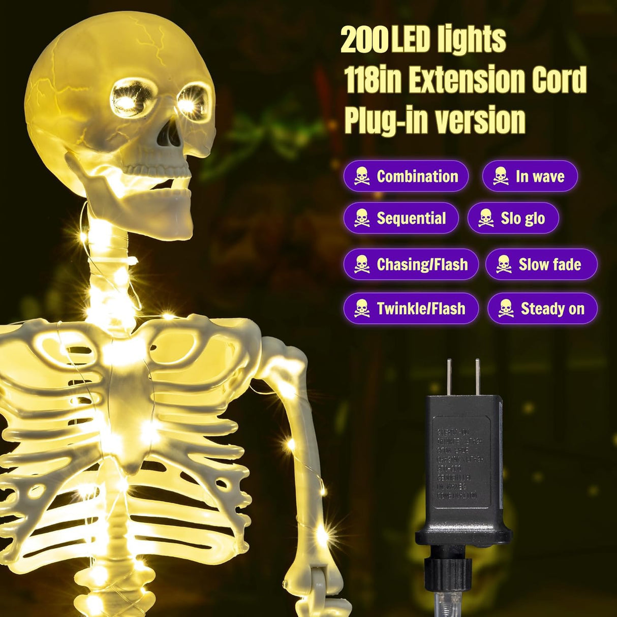 wymulot 2 Pack 40 Inches Plug Operated 400 LED Light Up Halloween Skeleton Full Body Posable Movable Jonints for Halloween Decoration Décor