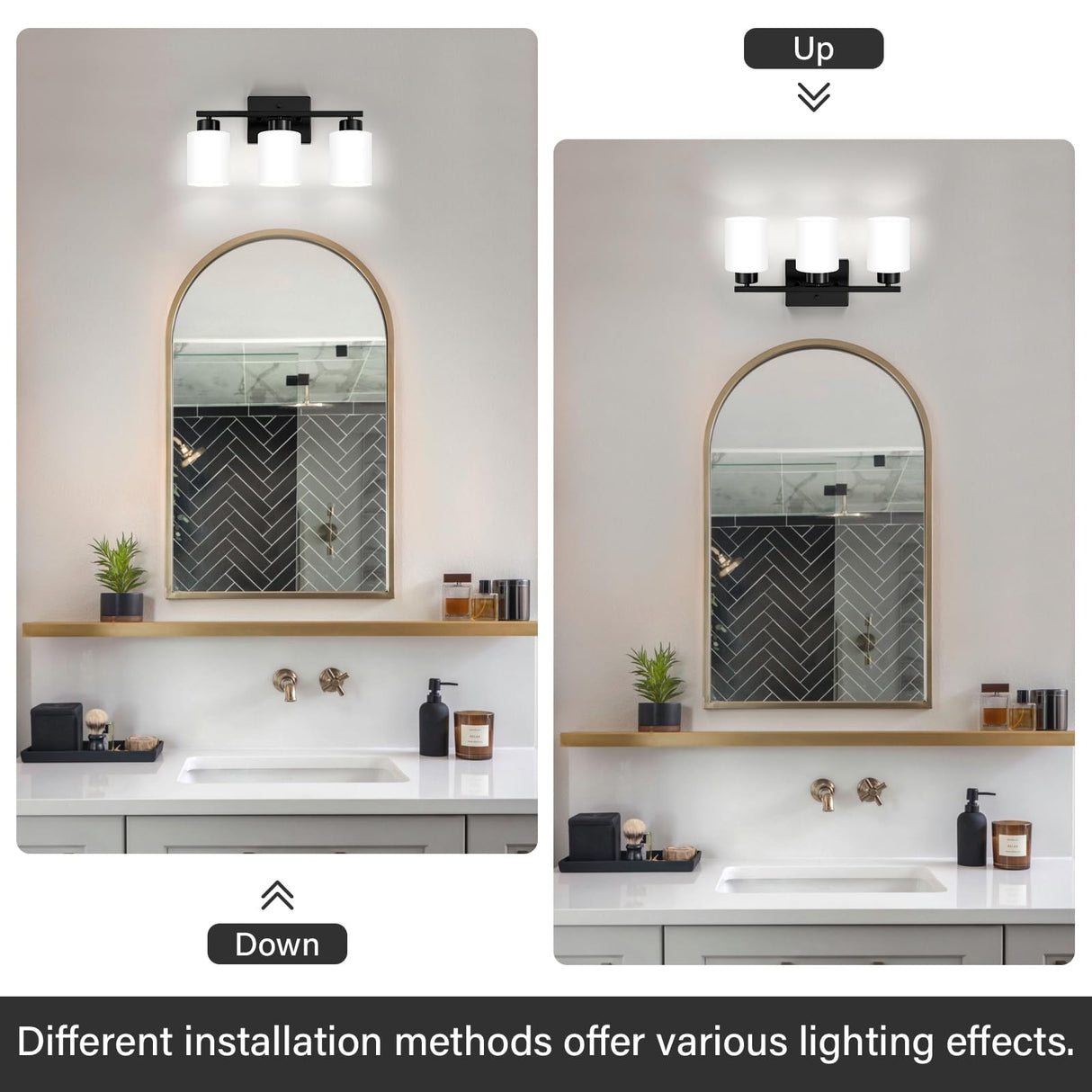 FonmYim Black Bathroom Light Fixtures, 3-Light Modern Vanity Light Over Mirror, Wall Sconces with Milky White Frosted Glass Shades, E26 Socket (Bulbs Not Included)