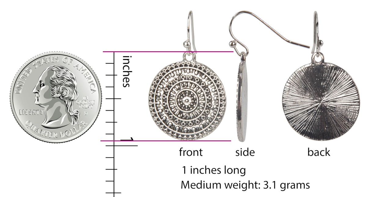 Boho Silver Medallion Drop Earrings for Women – Lightweight Hammered Disc Dangle Earrings with Tribal Mandala Design – Fashion Jewelry Gift for Free Spirits (Silver with Hook)