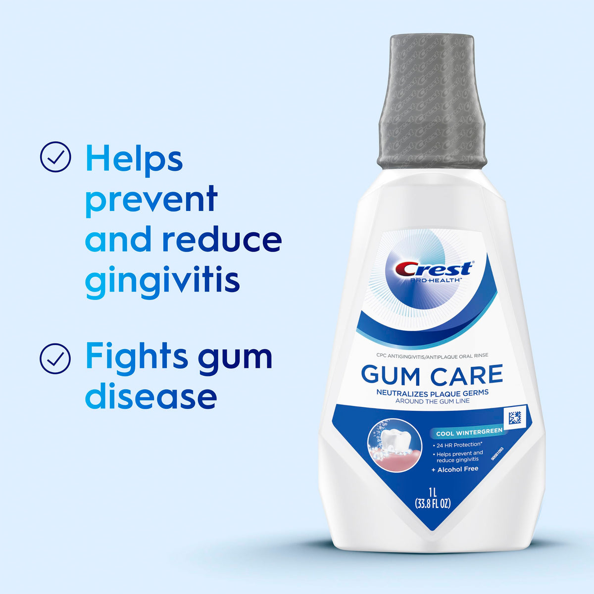Crest Gum Care Alcohol Free Mouthwash, Cool Wintergreen, Value Twin Pack, 2 x 1L (33.8 fl oz) Bottles, Helps Prevent & Reduce Gingivitis, Neutralizes Plaque Around the Gum Line, No Burn Oral Rinse