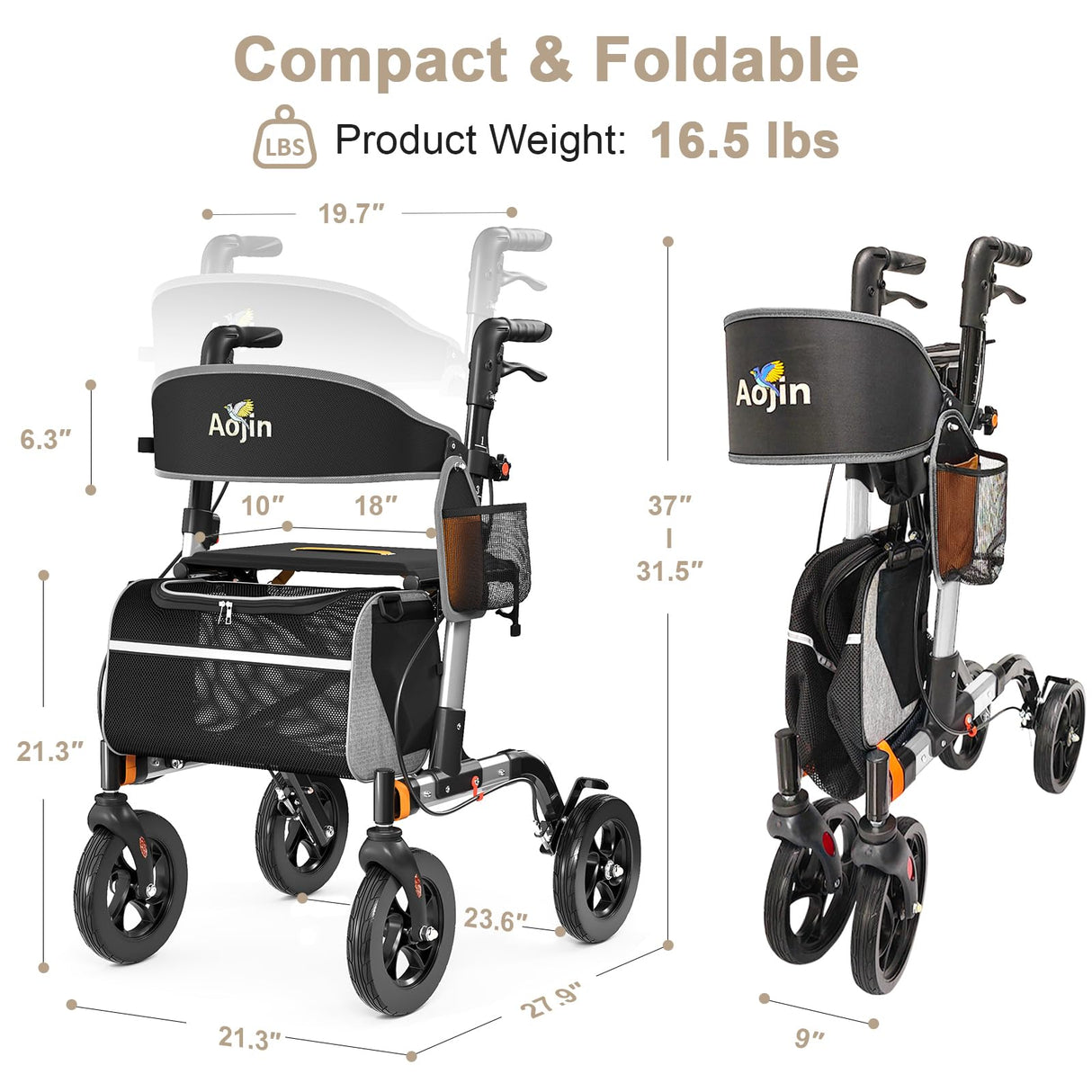 Walkers for Seniors, Rollator Walker with Seat, 350 lb Weight Capacity, 18" Big Seat, 8" All-Terrain Wheels, 6-Level Adjustable Height, Lightweight Aluminum Frame Rollator Walkers for Seniors (Silver)