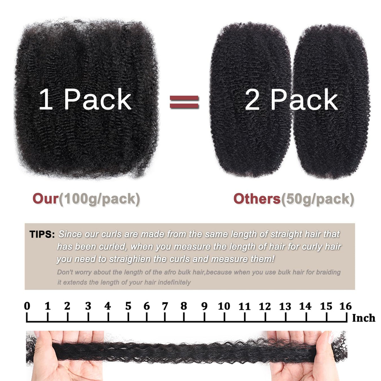 Beauty Youth 16 Inch Afro Kinkys Bulk Human Hair (100 Gram/Pack), Braiding Hair for Dreadlocks, Loc Repair, Twists, Dreadlock Extensions
