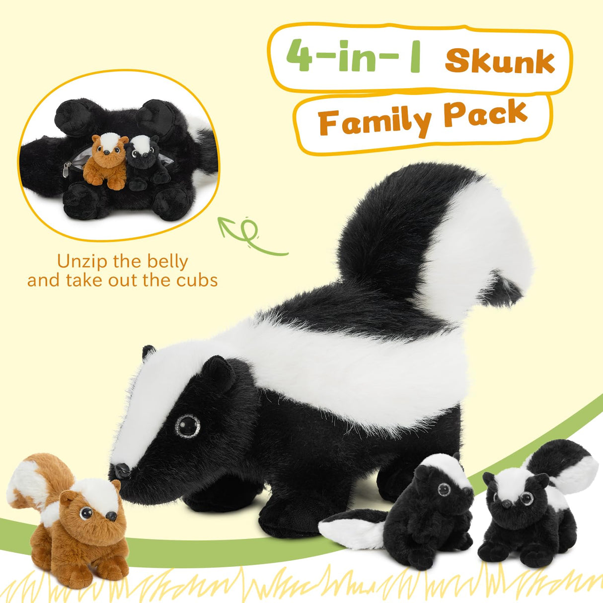 MaoGoLan 4Pcs Giant Skunk Stuffed Animal, Kawai Mother Skunk Plush Toy with 3 Small Baby Skunk Plushies Inside, 22" Snuggle Stuffed Skunk for Kids Woodland Animal Lovers, Christmas Birthday Gift