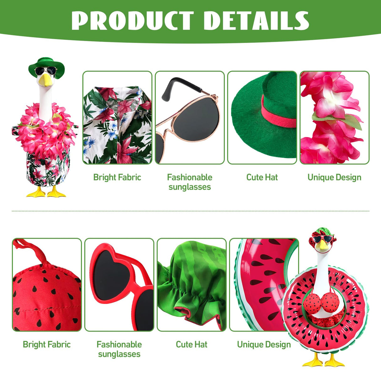 2 Set Hawaiian Porch Goose Outfits,23''Porch Goose Summer Outfits,Bikini Lawn Goose Costume,Yard Goose Clothes Skirt Hat Glasses Floral Wreath Swimming Ring for Outdoor Garden Yard Decor