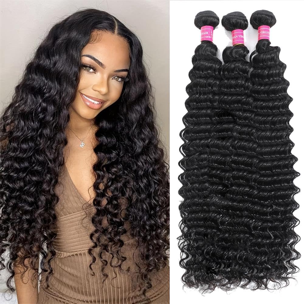 Deep Wave Human Hair Bundles 20 22 24 Inch Deep Wave Bundles Deep Curly Human Hair Bundles Unprocessed Brazilian Virgin Wet And Wavy Weave 3 Bundles 12A Human Hair Extensions