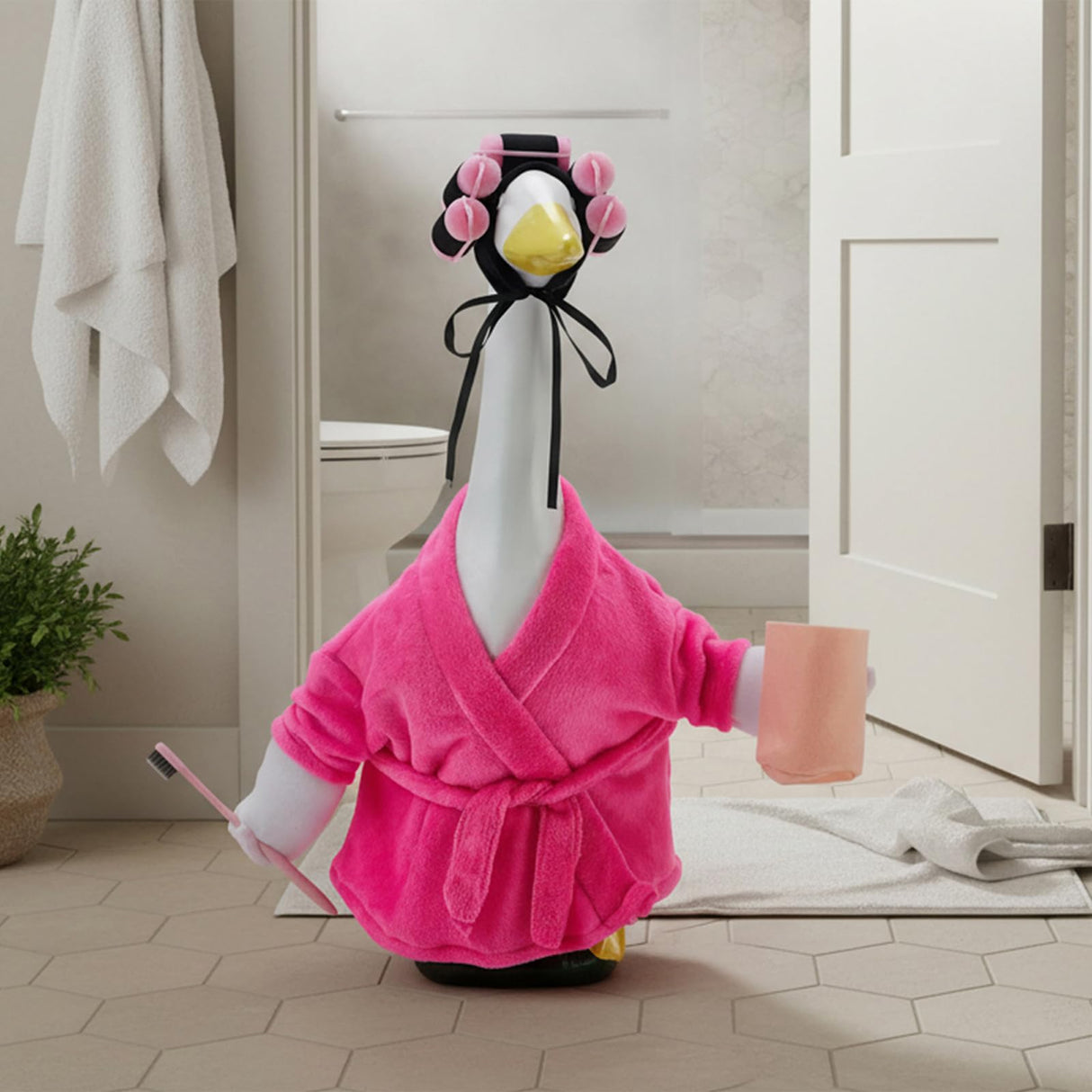POZMTIORE Lady Porch Goose Outfit Set for 23'' Cement Plastic Lawn Goose Statue Bathrobe, Hair Rollers, Toothbrush & Cup for Garden Yard Decor (Rose Red)