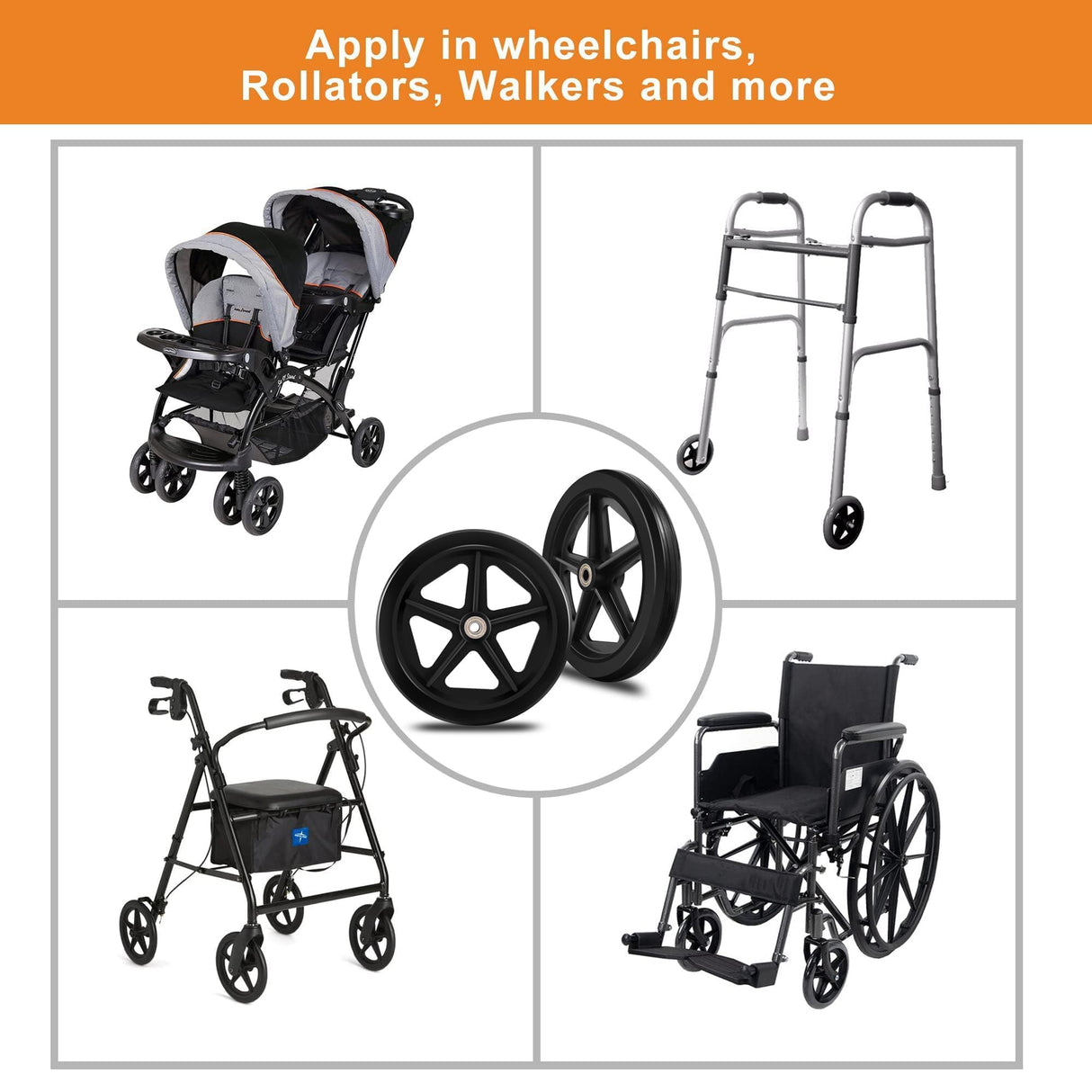2Pcs 8 Inch Replacement Wheelchair Wheels for Walkers - Environmentally Friendly Rubber Material, Wear-Resistant PU Tires, Anti-Slip, and Durable ABS Wheel Hub (8IN Narrow 2Pcs)