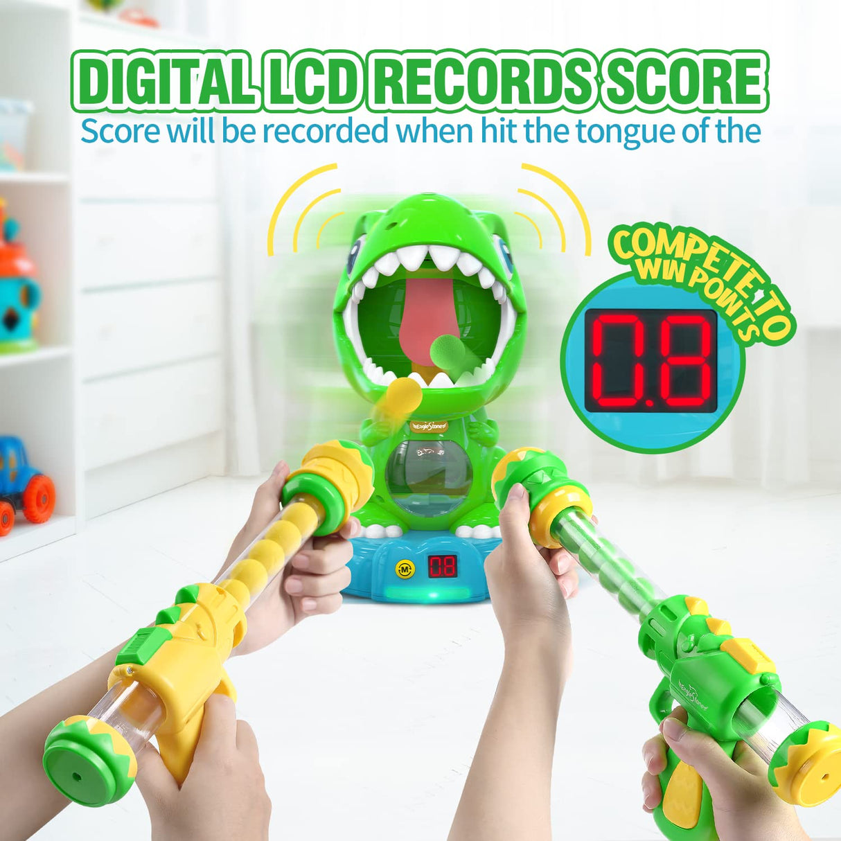 EagleStone Movable Dinosaur Shooting Toys for Kids 5-7 with Spraying, Electronic Target Game Toy with 2 Pump Guns, 48 Foam Balls, Party Favor Christmas Toys with Score Record, Sound