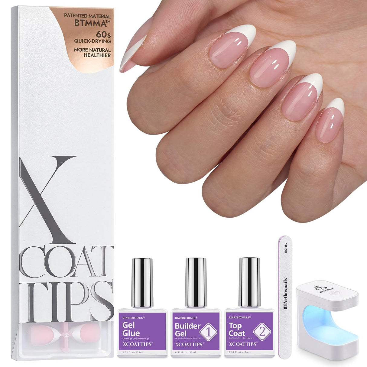 BTArtboxnails XCOATTIPS French Nail Tips - Short Almond Nail Tips with Nail Gel, French Protecing Duo, Nail Lamp, All in One Soft Gel French Tip Press on Nails Gel Extension Christmas Gift
