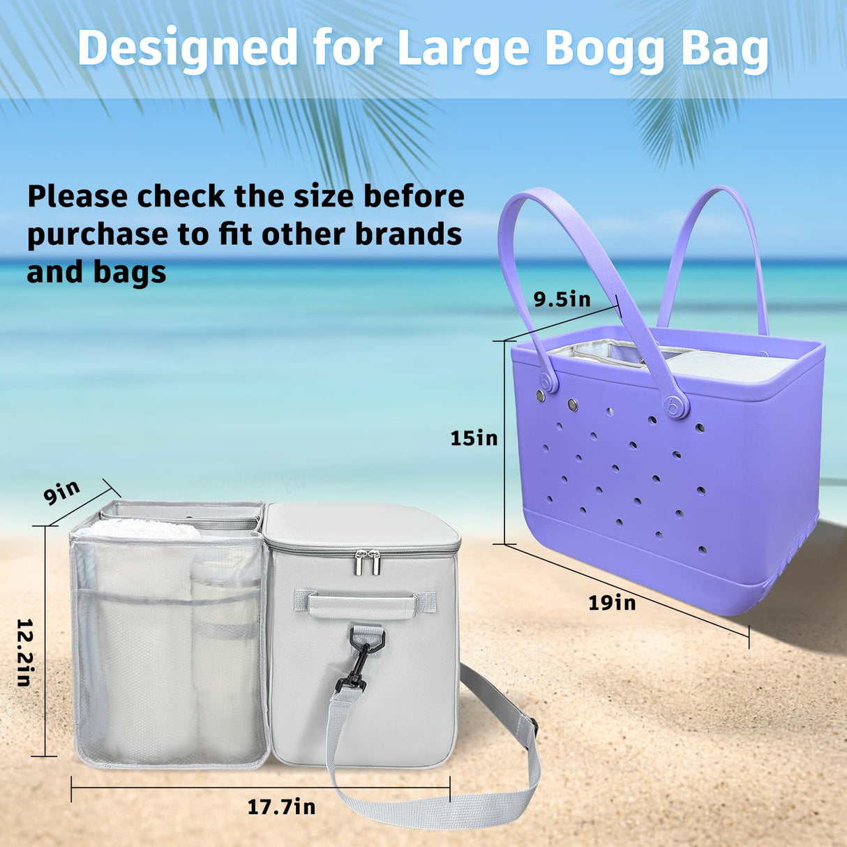 XYFuuee 2-in-1 Cooler Organizer Insert for X Large Bogg Bag Accessories, PEVA Portable Leak-Proof Ice Chest, Lightweight Mesh Divider Inserts Pouch with 4Fastener for XL Bog Beach Rubber Tote, Gray