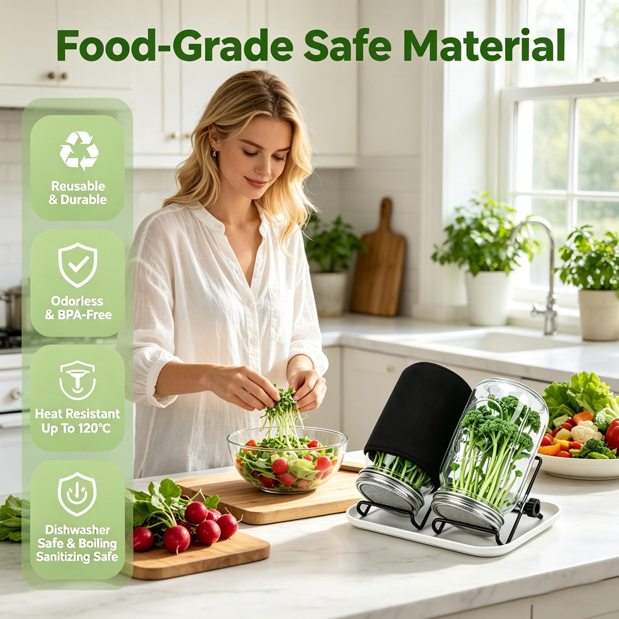 Broccoli Sprout Growing Kit, 2 Large 1000ML Wide Mouth Mason Jars with Sprout Lids, Stainless Steel Stand, Blackout Sleeves, Cleaning Brush, Drain Tray- Grow Broccoli, Alfalfa & Bean Microgreens