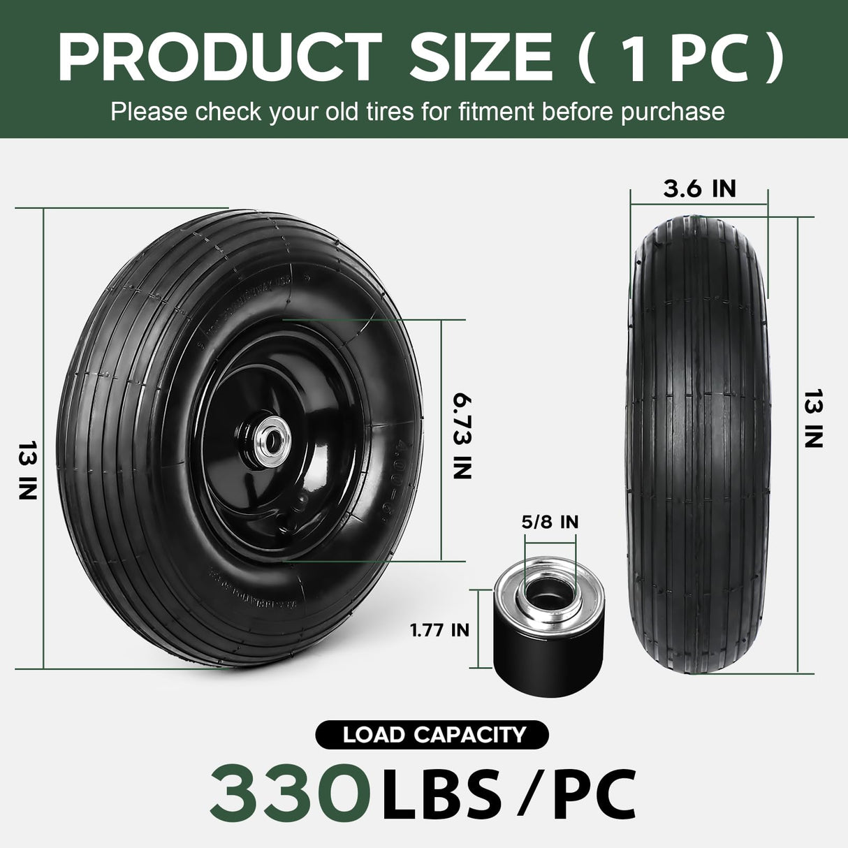 13 Inch 1 PC Rubber Pneumatic Replacement Tires and Wheels 4.00-6 with 5/8'' Axle Bore Hole, Inflated Air Wheel for Wheelbarrow/Wagon/Hand Truck/Trolley/Garden Scooter etc.