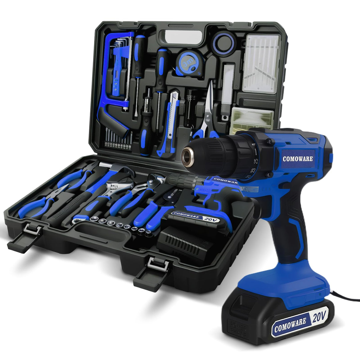 COMOWARE Household Tool Set with 20V Cordless Drill Driver, 120Pcs Hand Tool Kit for Men, Power Drill Set with Plastic Toolbox, Ideal for Office, Garden, DIY Project