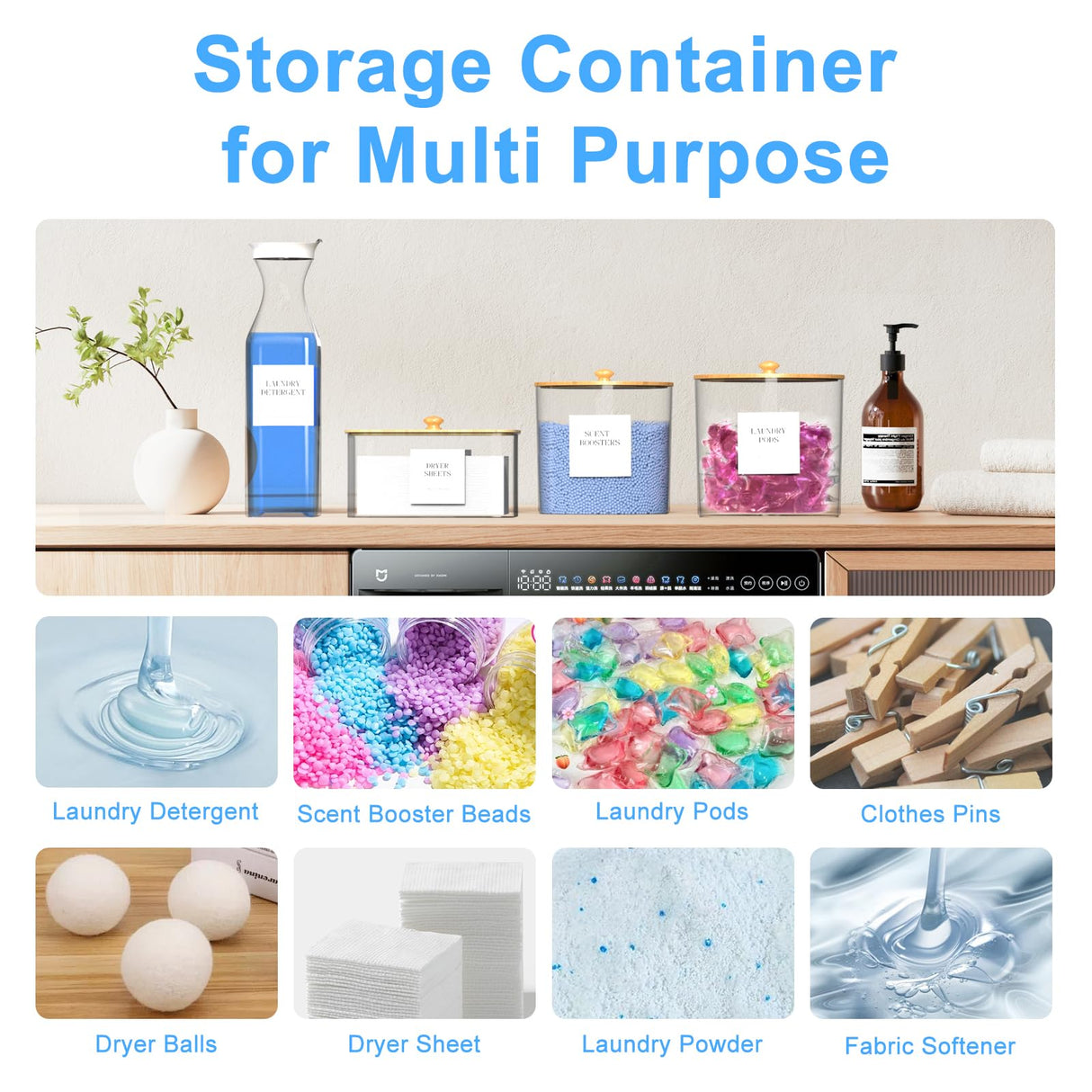 3+1 Pack Laundry Pods Containers & Dryer Sheet Holder & Laundry Detergent Dispenser, Laundry Room Organization and Storage Jars with Lids, Labels and Scoops for Scent Booster, Powder, Pods