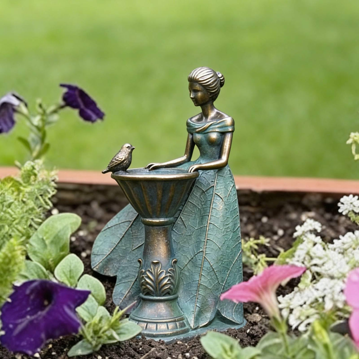 DiliComing Fairy Outdoor Statue Garden Decor with Solar Birdbath 12 Inch