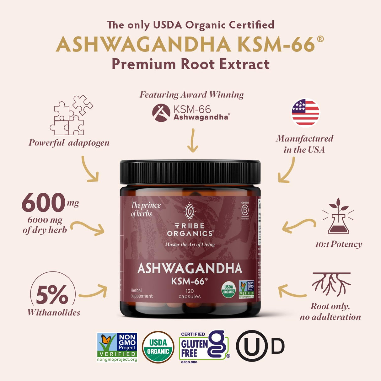 TRIBE ORGANICS Ashwagandha KSM 66 Pure Organic Root Powder Extract Ayurvedic Supplement - Focus, Mood Support, Increase Energy, Strength, 600mg of Natural KSM66 for Superior Absorption - 120 Capsules
