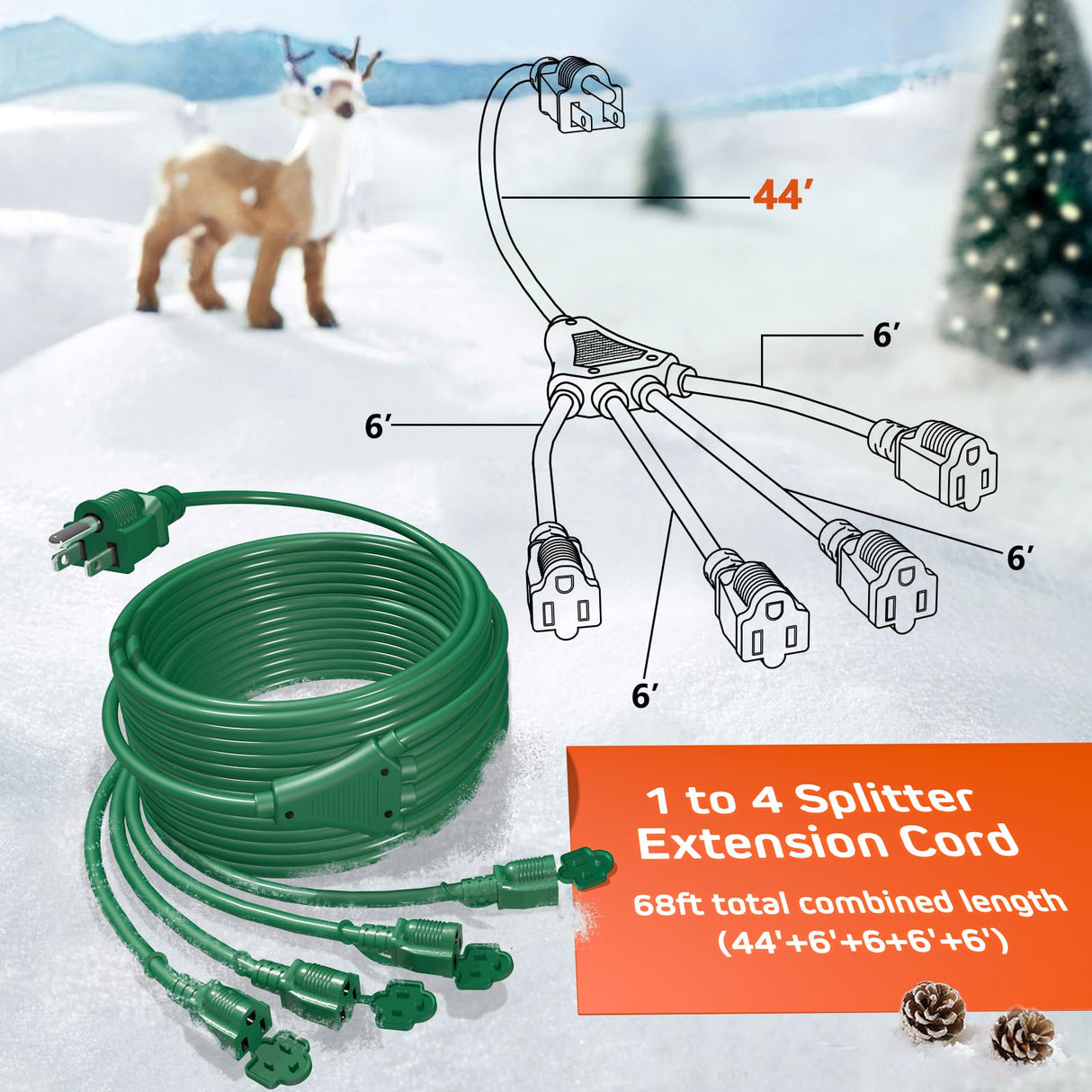 Eversimpleinc 1 to 4 Splitter Extension Cord (Combined 68 FT, End to End 50 FT), 3 Prong Plug with 4 Outlets with Weatherproof Covers for Indoor and Outdoor Holiday Christmas Decroations