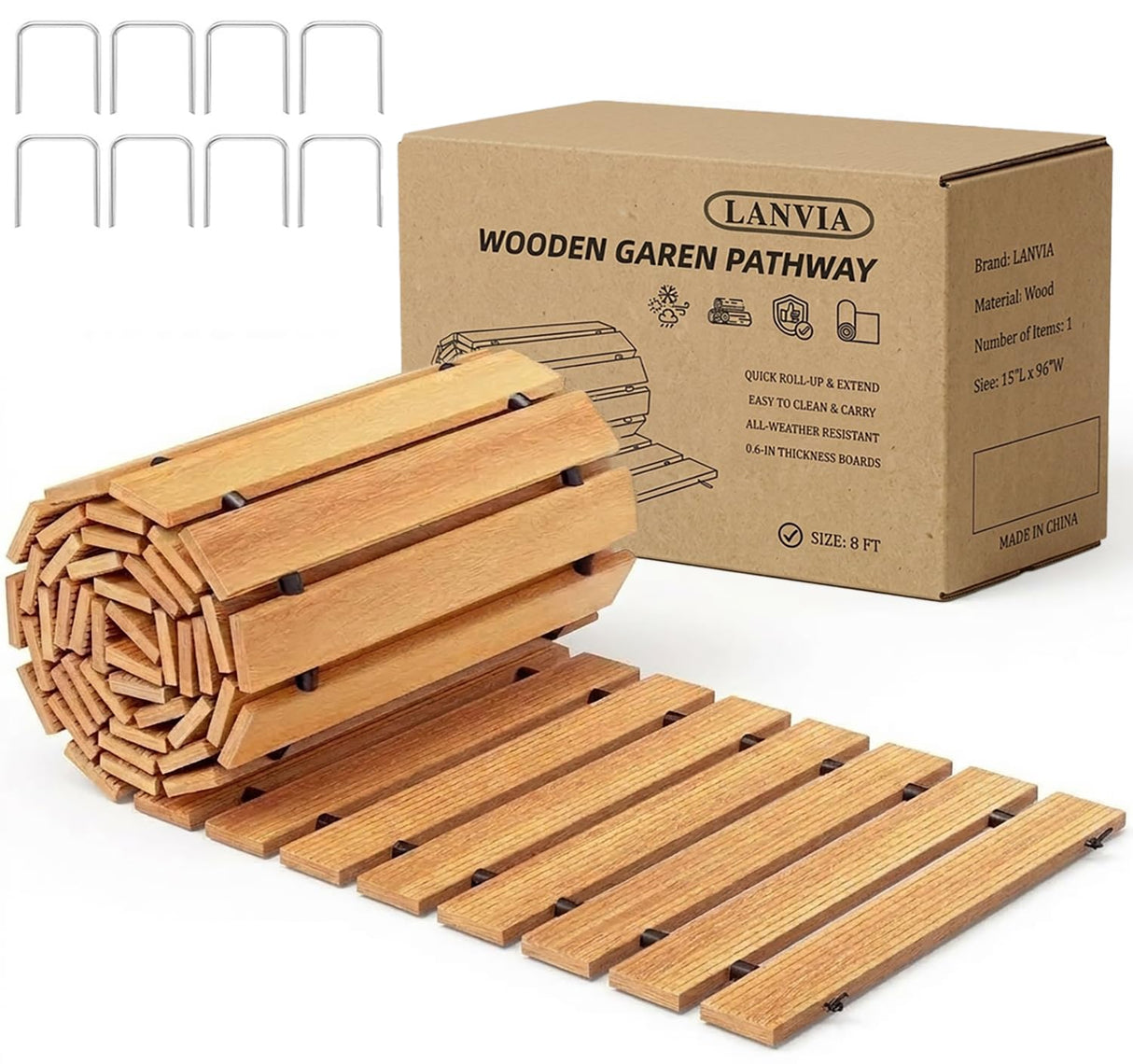 Wooden Garden Pathway Outdoor Walkway - 12 FT Roll Out Outdoor Pathway with Ground Stakes, Boardwalk Pavers for Outside Walkway, Non-Slip Garden Path for Backyard Decor, Lawn Landscaping, Natural