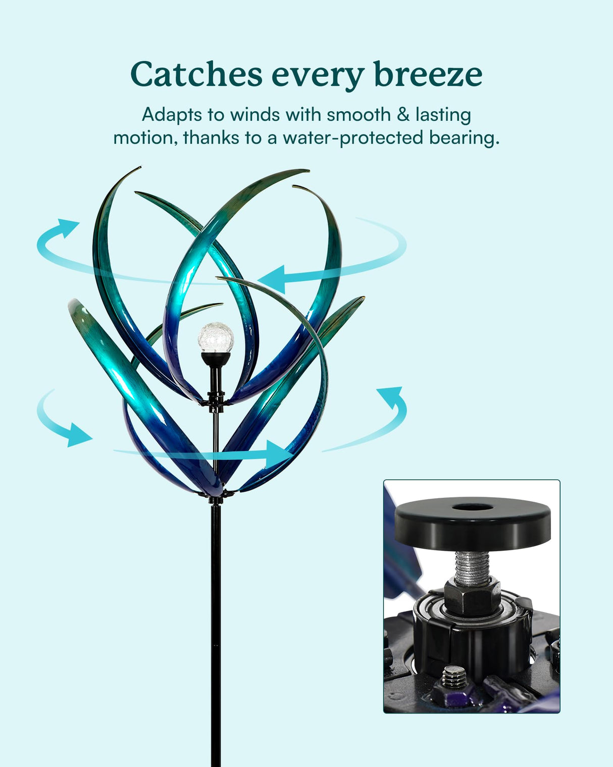 Cyan Oasis 82 inch Wind Spinners Outdoor - Extra Large Outdoor Metal Wind Sculptures Spinners with Solar Light, Windmills for The Yard Garden, Yard Art Garden Lawn Decor - Peacock Blue