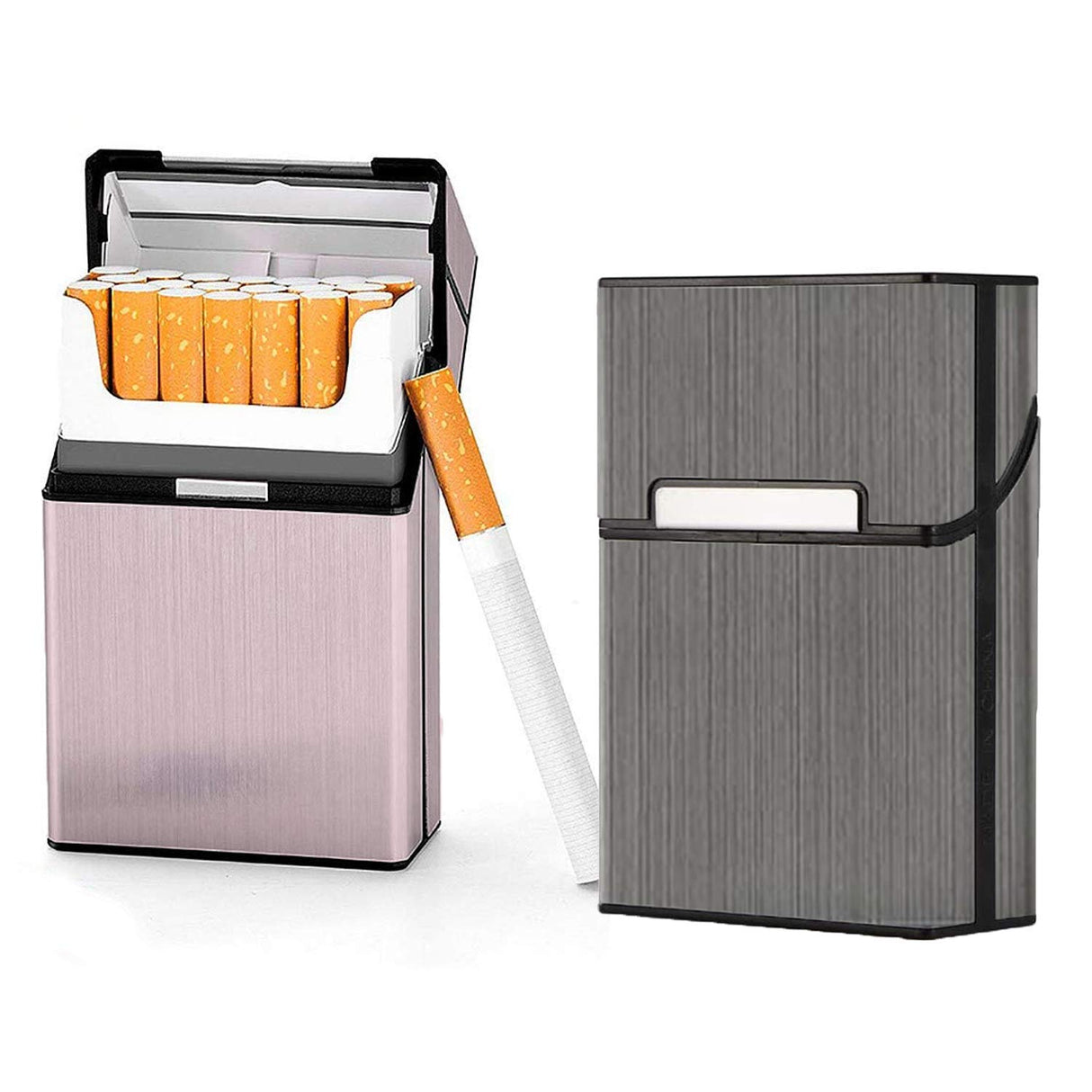 Cigarette Case Brushed Metal Cigarette Case with Magnetic Switch Flip Closure,20 Capacity (2 Pack,85mm, Rose Red + Gray)…