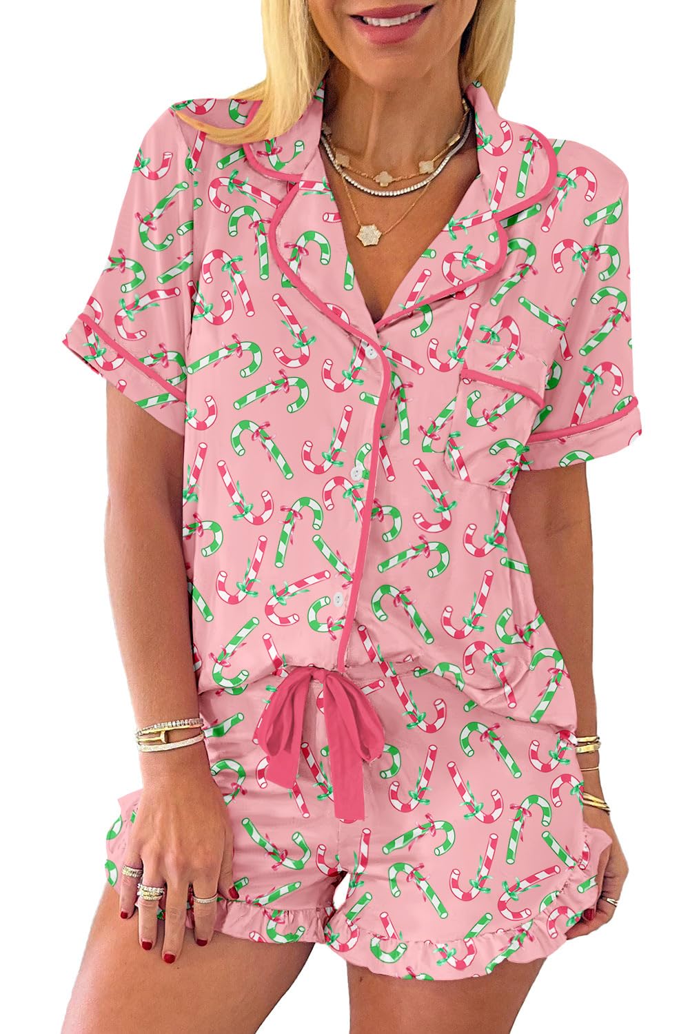KevaMolly Womens Christmas Lounge Sets Pink Christmas Candy Cane Print Pocketed Knotted Lounge Set Short Sleeve Xmas Top and Shorts M
