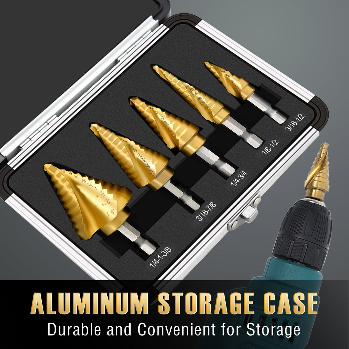Step Drill Bit Set for Metal- 5PCS Titanium 4241 HSS Step Bit with Two Straight Flutes, 50 Sizes from 1/16" to 1-3/8" for Aluminum, Wood & Plastic, Unibit for Electricians & DIY