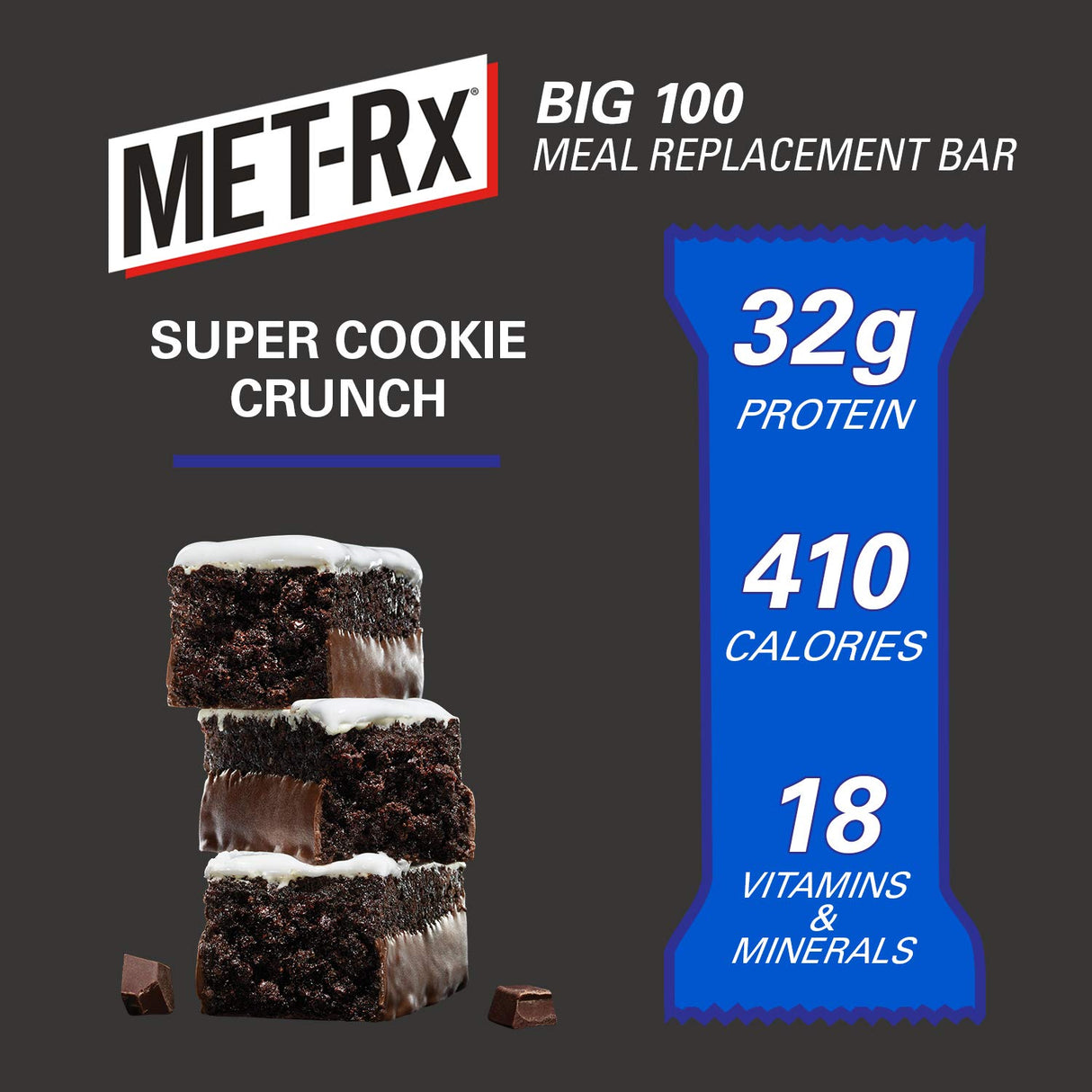 MET-Rx Big 100 Protein Bar, Meal Replacement Bar, 32G Protein, Super Cookie Crunch, 9 Bars (Pack of 1)