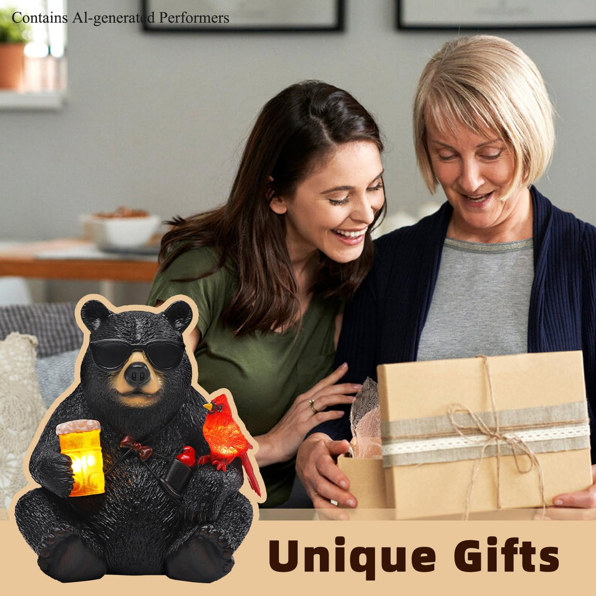 YHSOLAR Solar Black Bear Statue for Garden with Beer and Cardinals 6.3" Resin Garden Statues for Outside Yard Paito Porch Decor Birthday Gardening Gifts for Women Mother Sister Grandmother Wife