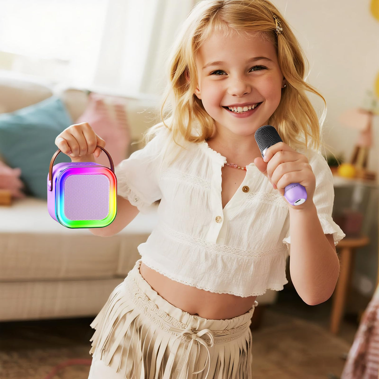 Kinglucky Mini Karaoke Machine for Kids & Girls Age 3–12, 2025 Top Christmas & Birthday Gift for 3–12 Year Old Girls, Kids' Personal Video Players Accessories with 2 Wireless Microphones – Purple