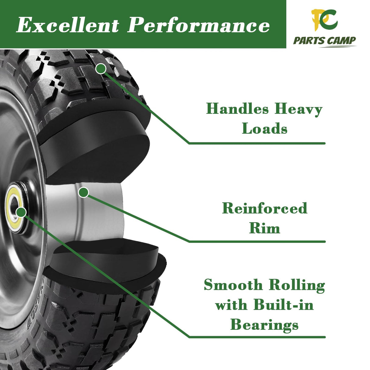 Parts Camp Replace Gorilla Cart Wheels 10" Flat-free Solid Tire and Wheel Replacement 4.10/3.50-4 tire for Hand Truck Wagon Garden Dolly Trolley With 5/8" Axle Bore Hole 2.2" Offset Hub 2-Pack