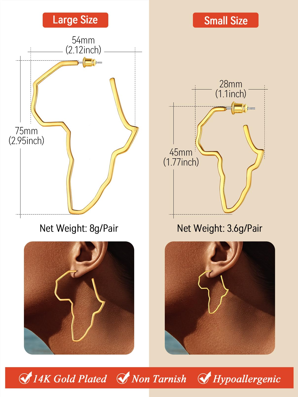 FaithHeart Gold Hoop Earrings for Women, Trendy 14K Gold Plated Large African Map Huggie Hoop Earrings Non Tarnish Everyday Jewelry