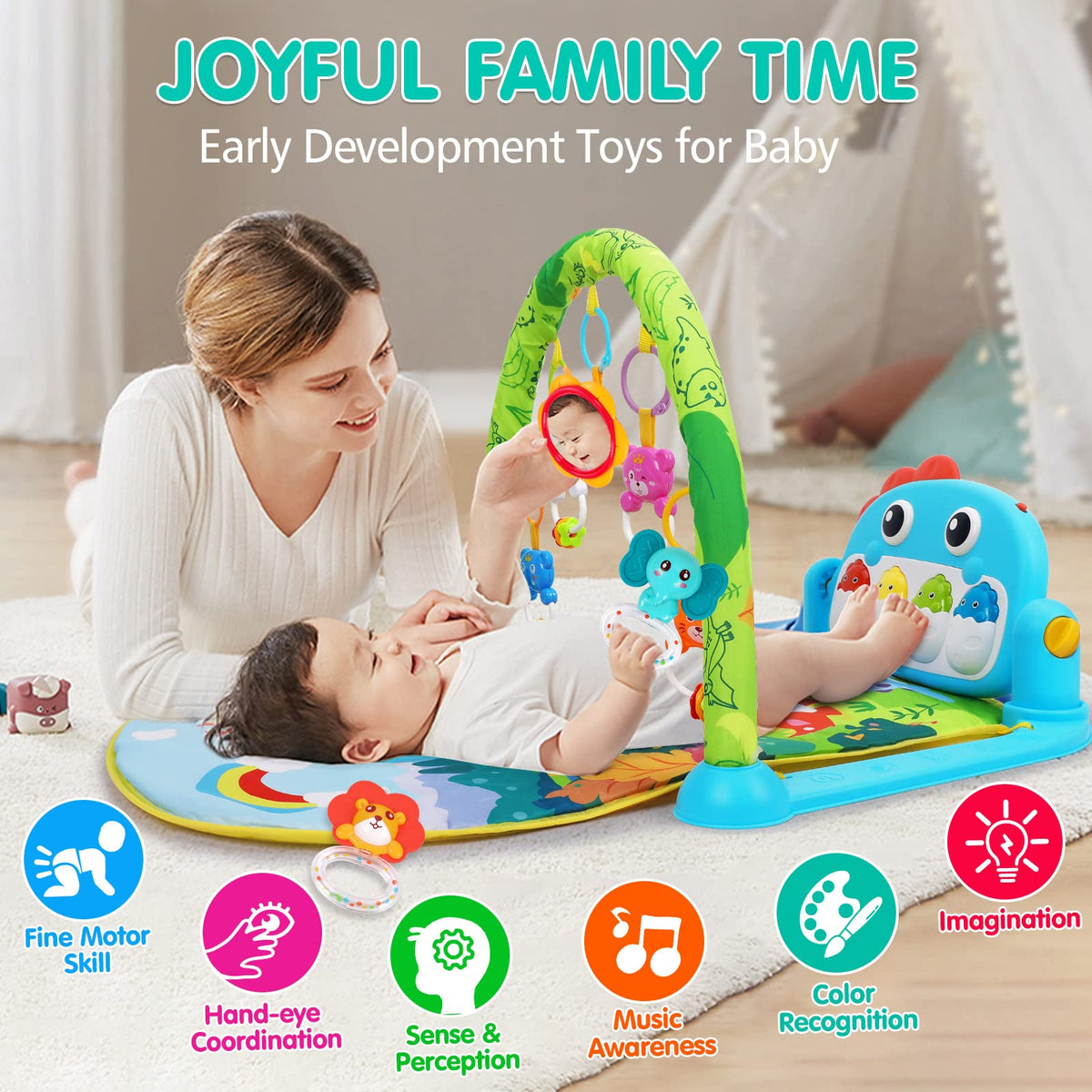 UMIKU Baby Gym Play Mat Baby Gifts Tummy Time Mat Activity Center, Dinosaur