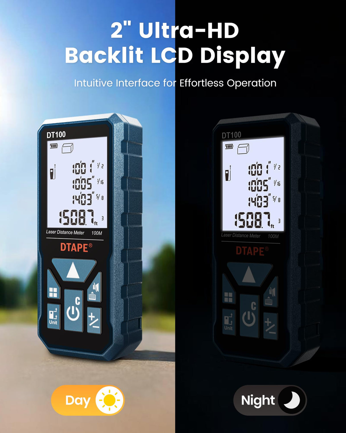 DTAPE 330 Ft Laser Measuring Tool, 1/16" High-Accuracy Laser Tape Measure, 2" Backlit LCD Display Laser Measure, Ft/In/Ft+In/M Electronic Tape Measure, Distance/Area/Volume/Indirect Laser Range Finder