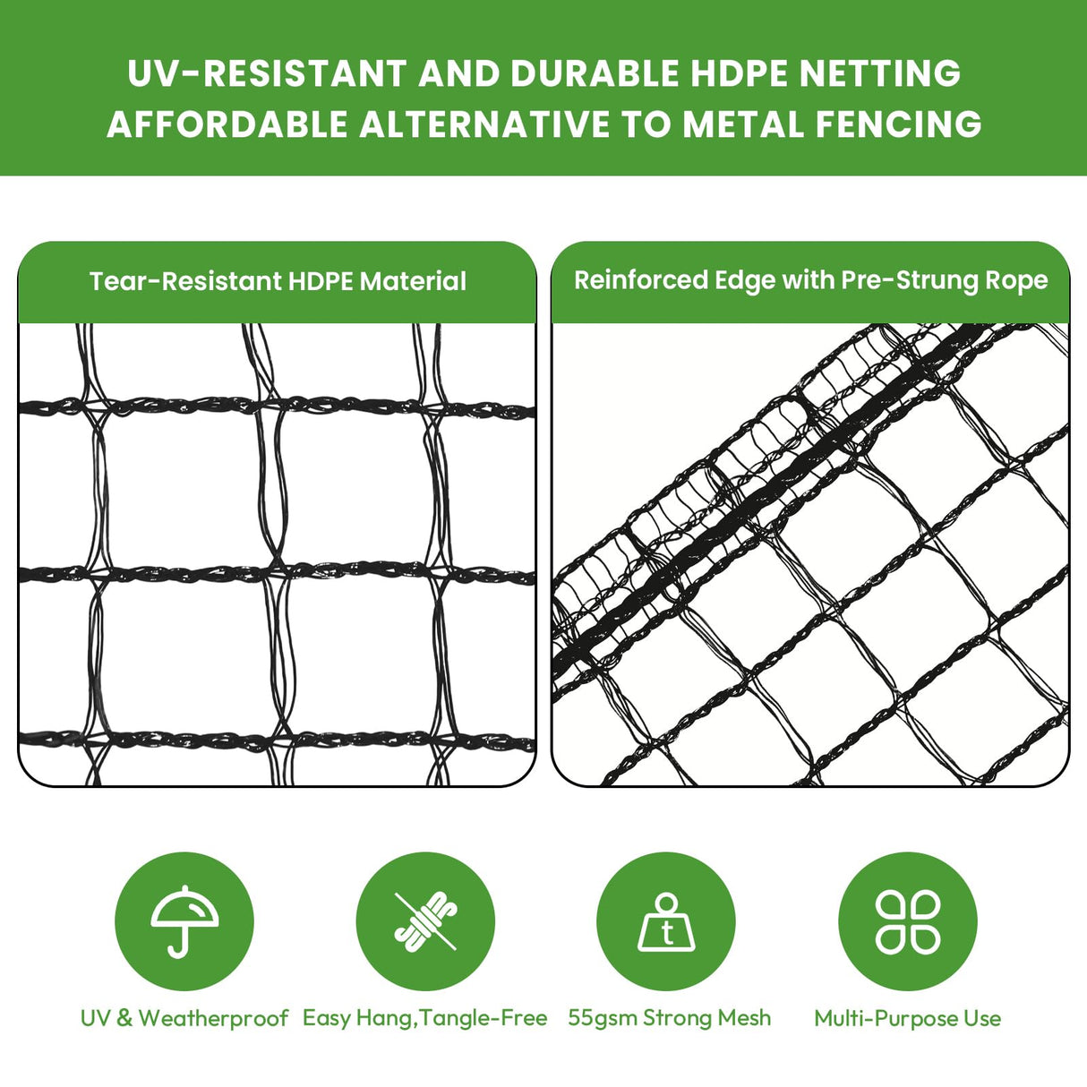 Deer Fence for Garden 4ftx50ft, Plastic Mesh Garden Fencing with Pre-Strung Reinforced Edge, Durable Temporary Fencing, Animal Barrier Fence, Ideal Safe Netting for Poultry, Fruit & Plant Protection