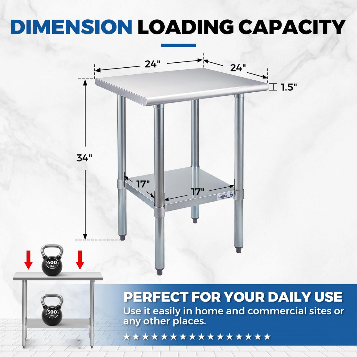 Profeeshaw Stainless Steel Prep Table 24x24 Inch NSF Commercial Work Table with Undershelf Heavy Duty Table for Kitchen Restaurant Home Hotel