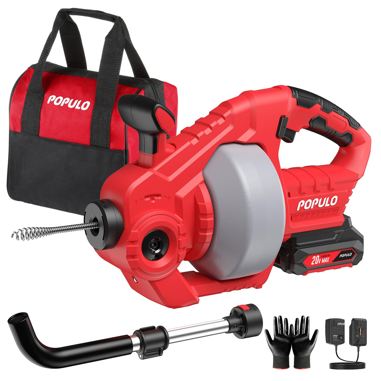POPULO 20V Cordless Electric Drain Snake, 25Ft Replaceable Cable with 2.0Ah Battery, Extension Tube & Charger, Snake Drain Clog Remover Tool for Toilet, Floor Drain, Sink and Shower 3/4"-2" Pipe