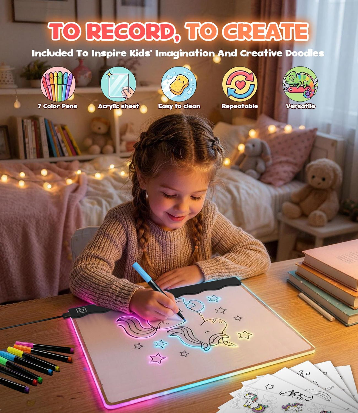 LED Drawing Board for Girls, Arts Gifts Kit and Crafts Toys for 3+ Year Old