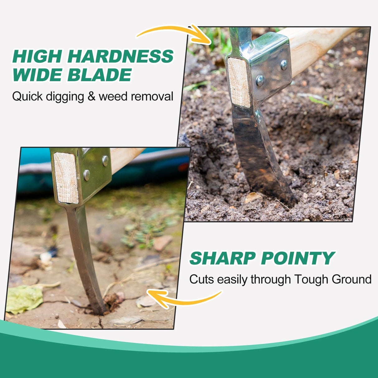 Berry&Bird Garden Mattock Pick Axe, 14.9" Digging Tool with Wood Handle