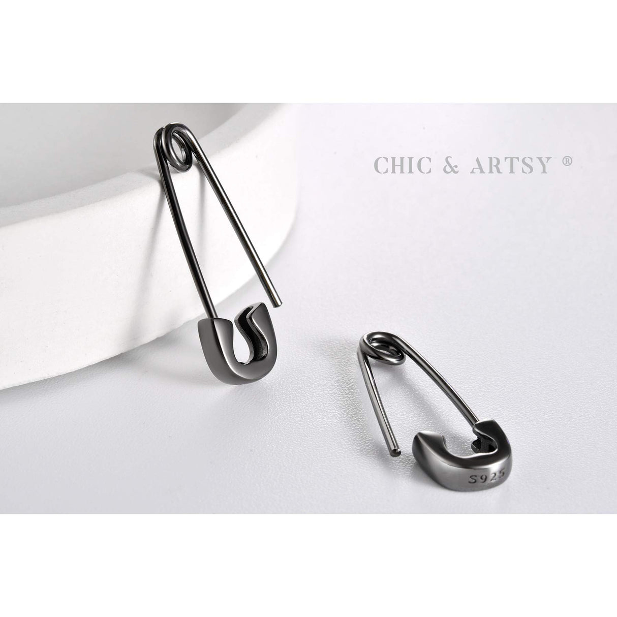 CHIC & ARTSY Black Paperclip Earrings 925 Sterling Silver Black Safety Pin Punk Stud Earrings for Women